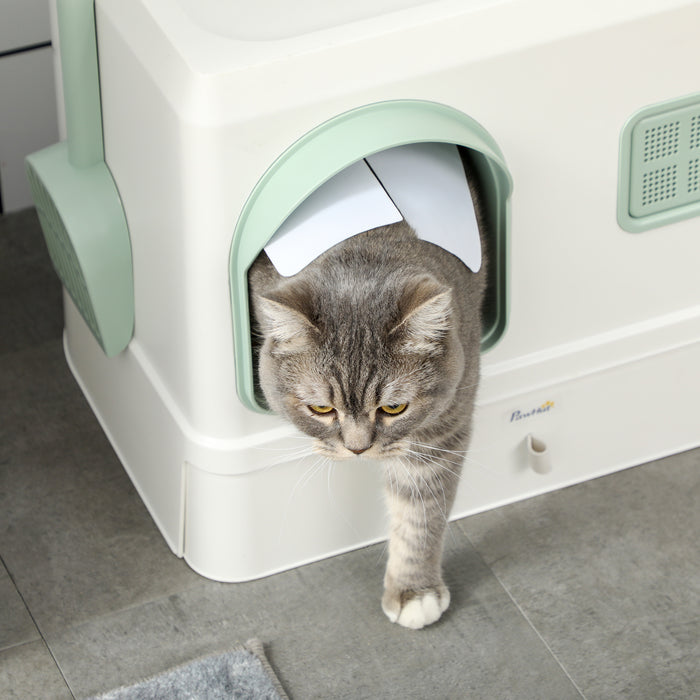 Hooded Cat Litter Box with Scoop Drawer - Deodorizing Tray Pan with Front Entry, 50x40x40cm - Ideal for Odor Control in Cat Homes