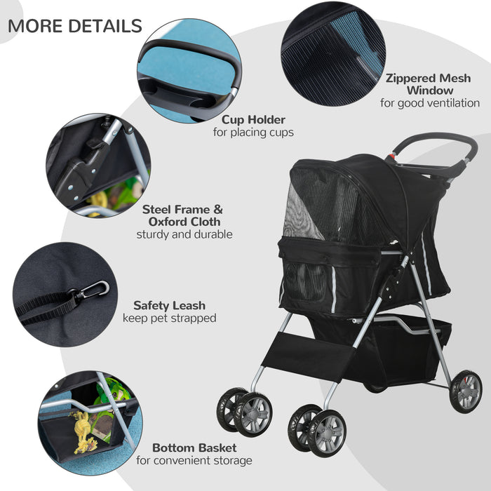 Foldable Pet Stroller with Zipper Entry - Travel Carriage for Small Dogs and Cats, Includes Cup Holder - Lightweight Pushchair for Miniature Pets, Black