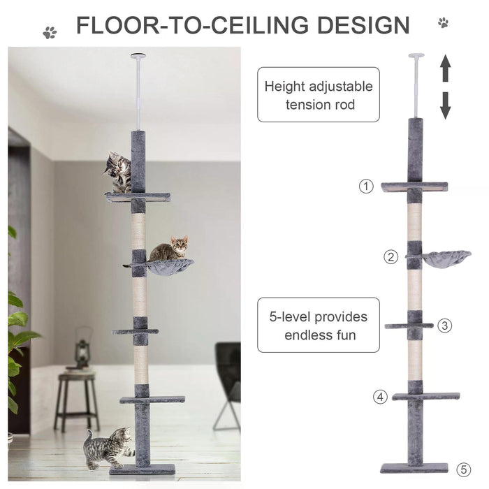 Cat's Empire Adjustable High-Rise Scratching Post - 5-Level Plush Platforms for Feline Fun, Grey - Ideal for Indoor Cats' Exercise and Entertainment