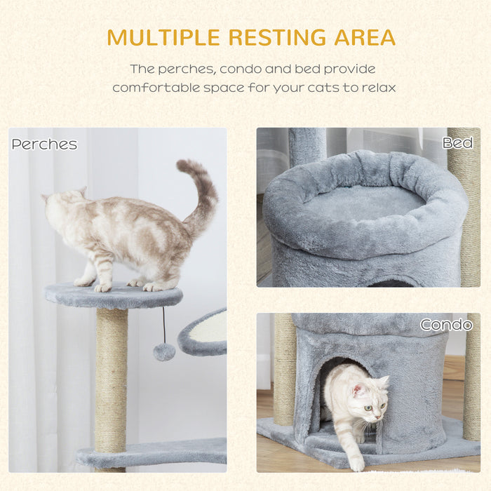Cat Tree Tower with Condo Bed - Kitten Activity Center with Scratching Post, Perch & Ball Toy in Grey - Ideal for Playful Cats and Scratching Enrichment