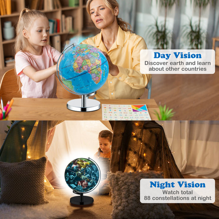 Illuminated World Globe with Stand - 3 in 1 Home School Office Educational Tool - Ideal for Geography Learning & Decoration Purpose