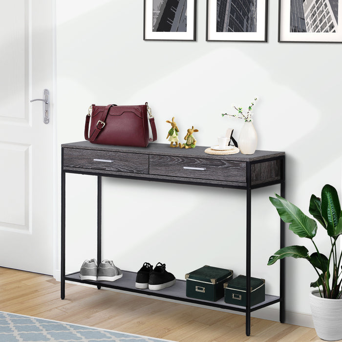 Industrial-Style Console Table with Storage - Grey Wood Tone Effect, Two Drawers, and Bottom Shelf - Elegant Addition for Home Organization and Decor