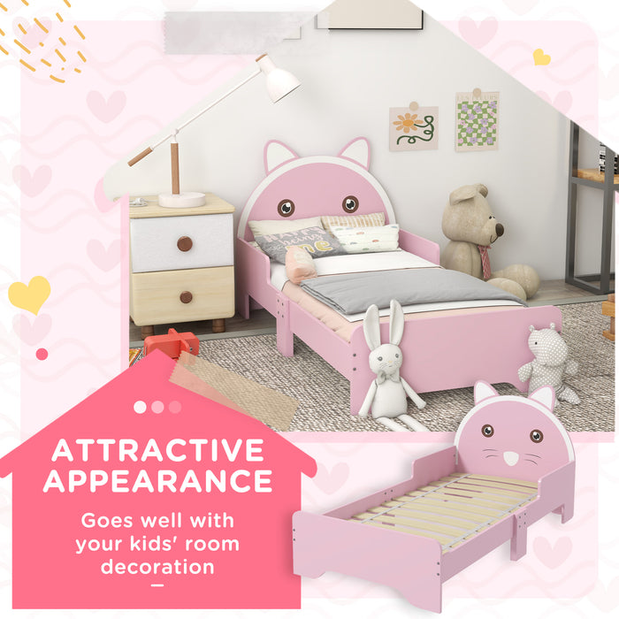 Kids Cat Design Toddler Bed - Sturdy Bedroom Furniture with Guardrails, 143cm Length, Fits 3-6 Year Olds - Adorable Pink Cat Themed Bed for Children