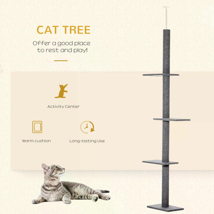 Floor-to-Ceiling 260cm Cat Tree with 3 Perches - Sturdy Kitten Activity Scratching Center, Grey Cat Tower Furniture - Ideal for Playful Felines & Claw Health Management