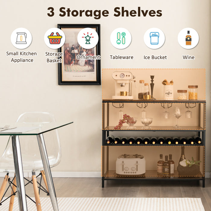 Vintage Industrial Style Bar Cabinet - Wine Rack and Four Rows of Glass Holders - Perfect Storage Solution for Wine Enthusiasts