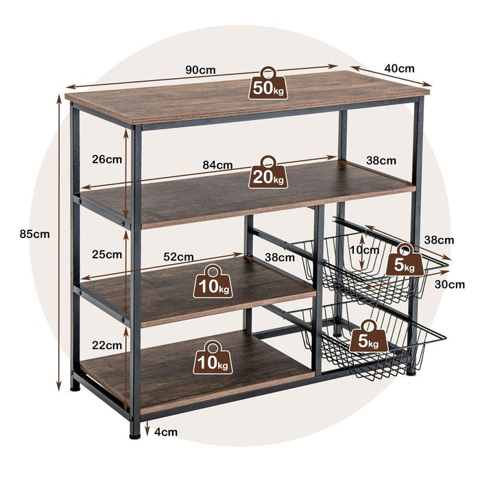 Industrial Kitchen - Baker's Rack with 2 Wire Baskets in Rustic Brown - Ideal Storage Solution for Home Bakers