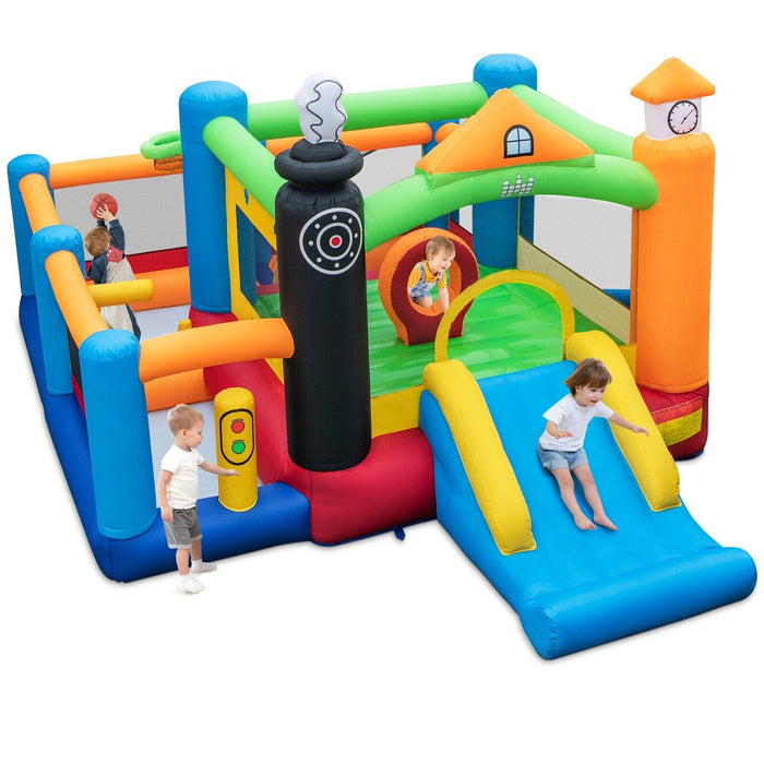 Train Themed Inflatable Castle - Kids Bounce House with Slide and Basketball Hoop - Ideal Playtime Solution without Air Blower