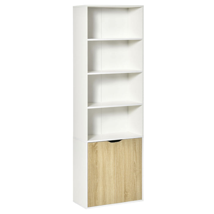 Tall Modern Bookcase with 2 Doors and 4 Shelves - White and Oak Finish Cupboard for Living Room, Study, Bedroom - Ideal for Home Office Storage & Display