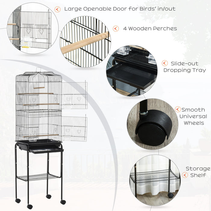 Bird Cage with Stand - Wheeled Finch, Canary, and Parakeet Habitat with Slide-Out Tray - Includes Storage Shelf, Ideal for Bird Lovers and Pet Safety