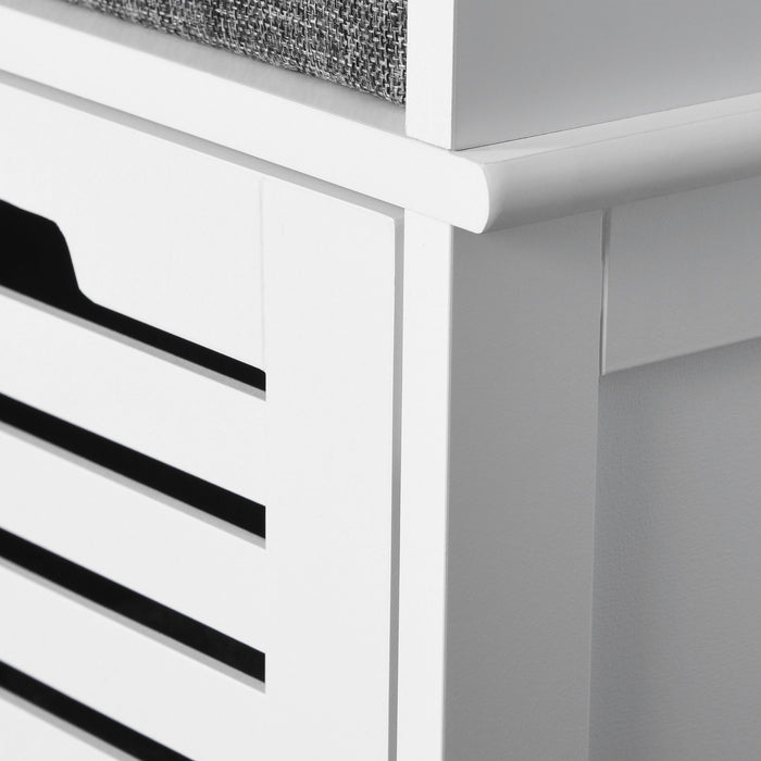 White Storage Bench with 3 Built-In Drawers - Hallway Seating & Organizational Solution with Removable Grey Cushion - Ideal for Entryway Clutter Management