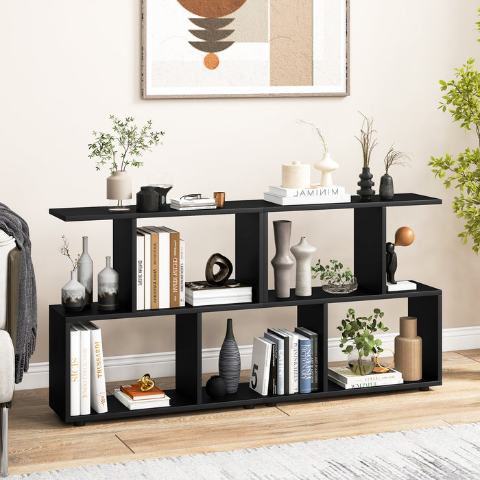 Irregular 2-Tier Storage Shelf - Wood Shelving Units with 4 Compartments in Black - Ideal Space Solution for Any Room