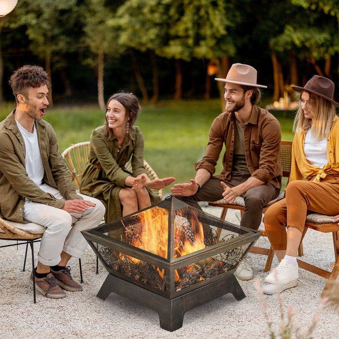 Metal Square Firepit Bowl with Spark Screen and Poker - Durable Outdoor Fire Pit for Patio and Camping BBQ - Ideal for Gatherings and Cozy Evenings 61x61x52 cm, Black