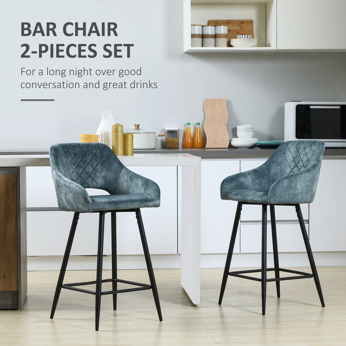 Velvet-Touch Fabric Counter Height Bar Chairs, Set of 2 - Sturdy Steel-Legged Kitchen Stools in Blue - Ideal for Dining and Entertainment Areas