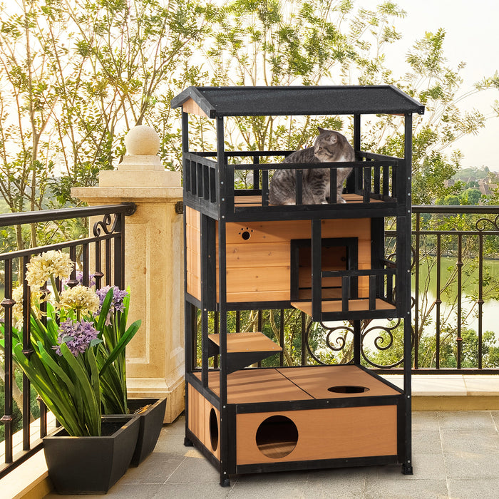 3-Tier Wooden Cat House - Winter-Ready Kitten Shelter with Tilted Roof, Terrace & Jump Step - Cozy Lodge for Cats with Elevated Base & Bottom Tray, Yellow