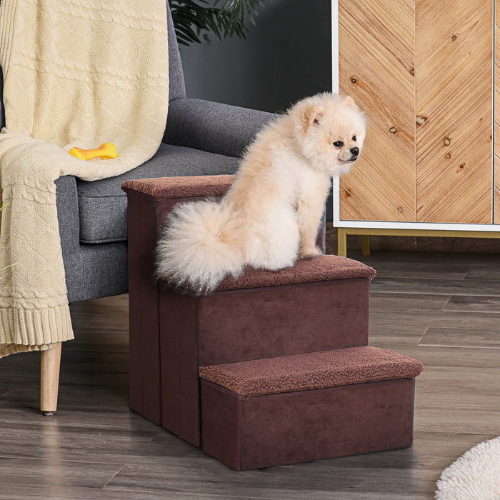 Foldable 3-Step Pet Stairs - Portable Mobility Aid with Washable Fleece Cover, 41x19cm, Brown - Ideal for Small & Aging Pets Climbing Support