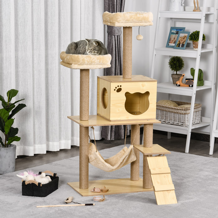 Multi-Level 130cm Cat Climbing Tower - Plush Structure with Scratching Posts, Perches, Condo & Play Ball - Ideal for Large Indoor Cats, Vibrant Yellow