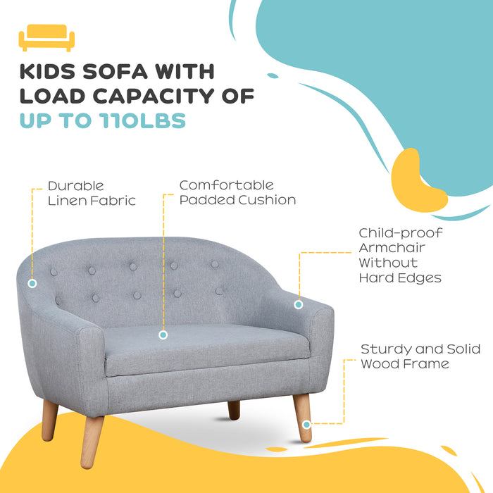 Kids Mini Sofa - 2 Seater Toddler Armchair with Wooden Frame for Bedroom & Playroom - Comfy Children's Seating Furniture in Grey