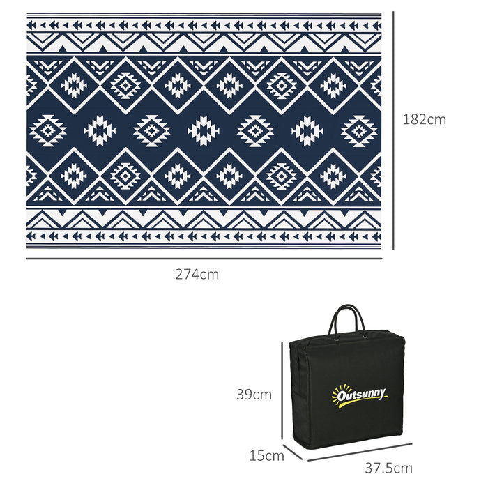 Reversible RV Outdoor Rug - Durable Plastic Straw Mat in Dark Blue and White, 182 x 274cm, with Carry Bag - Ideal for Camping & Patio Use