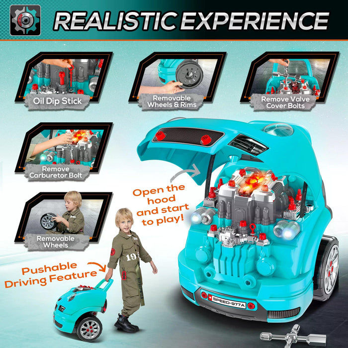 Educational Take-Apart Truck Engine Playset - Interactive Service Station Toy with Steering Wheel for Kids - Ideal Learning Tool for 3-5 Year Olds, Teal Green