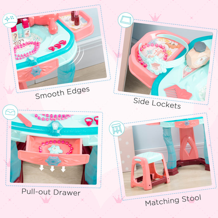 Magic Princess Mirror Dressing Table Playset - 31 PCS Musical Vanity with Light-Up Beauty Mirror and Accessories - Ideal for Kids Ages 3-6, Blue and Pink Pretend Play Toy