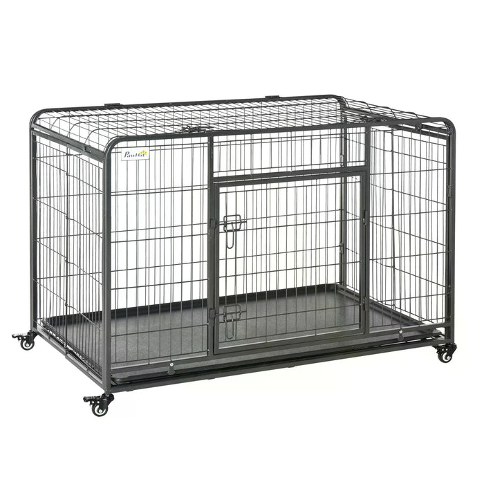 Heavy Duty Foldable Dog Kennel 125x76x81cm - Metal Pet Cage with Double Doors, Removable Tray, Lockable Wheels - Secure and Spacious Playpen for Dogs