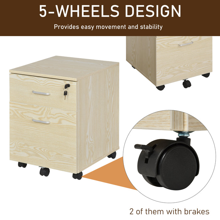 2-Drawer Locking Filing Cabinet - Rolling Storage for Legal/Letter Files with 5 Wheels, Oak Finish - Secure Office Organization and Home Cupboard Solution