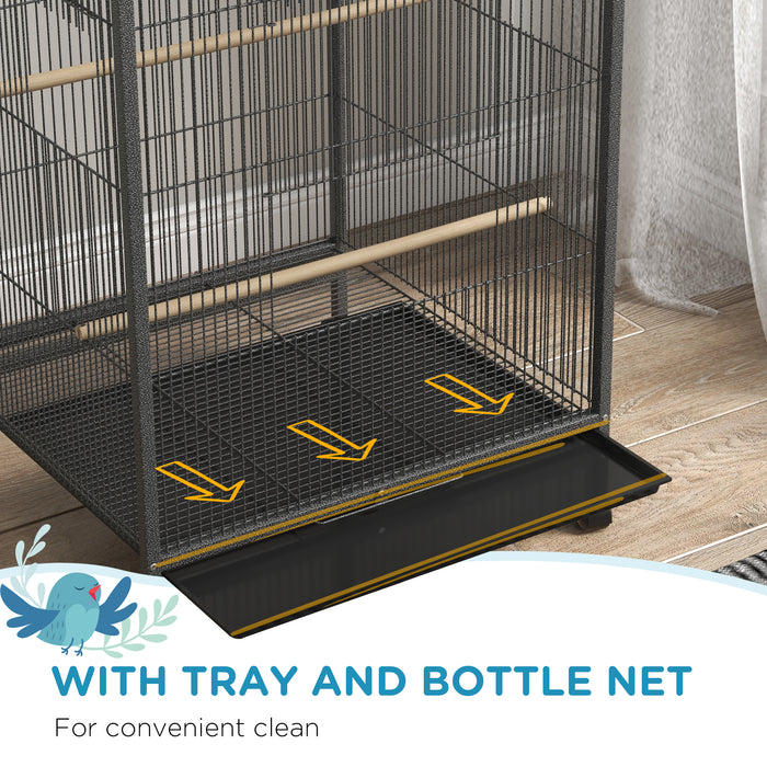 Rolling Bird Cage with Stand for Budgies - Durable Small Bird Enclosure in Grey - Ideal Home for Pet Finches and Canaries