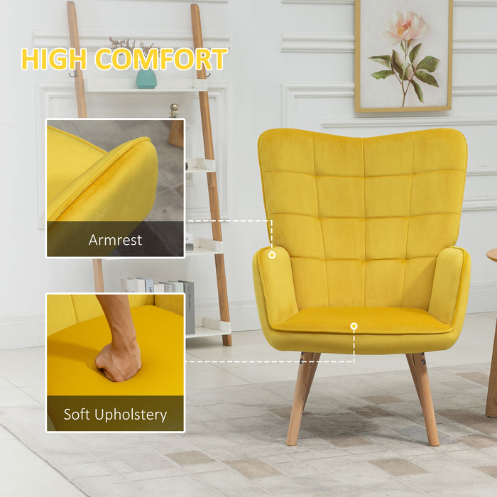 Velvet-Touch Tufted Wingback Armchair - Modern Upholstered Accent Chair with Wooden Legs in Vibrant Yellow - Stylish Lounge & Club Seating for Contemporary Homes