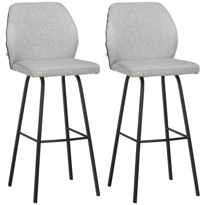 Linen-Touch Upholstered Bar Stools - Set of 2 Kitchen Chairs with Backs, Steel Legs - Stylish Seating for Home Bar and Kitchen Spaces, Light Grey