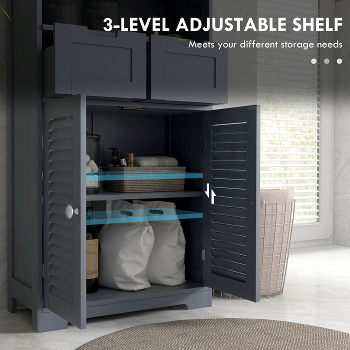 Bathroom Storage Organizer with Louvred Doors - Drawer Cabinet with Open Compartment & Adjustable Shelving - Space-Saving Solution for Washroom Essentials, Grey