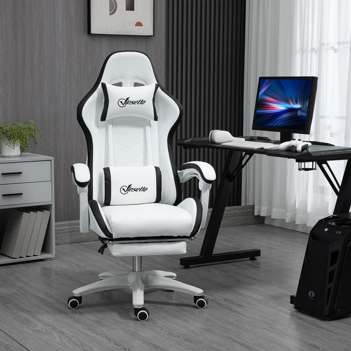 Racing Gaming Chair with 360° Swivel - Reclining PU Leather Computer Chair, Footrest & Removable Headrest in White and Black - Designed for Gamers and Home Office Comfort