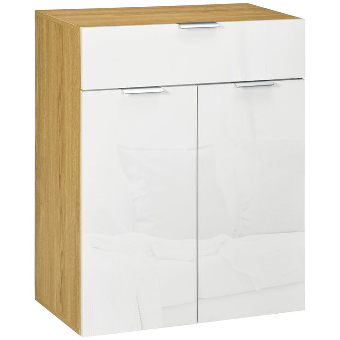 High Gloss White & Natural Sideboard - Sleek Storage Cabinet with Drawer, Door, and Adjustable Shelves - Ideal for Organizing Essentials in Style