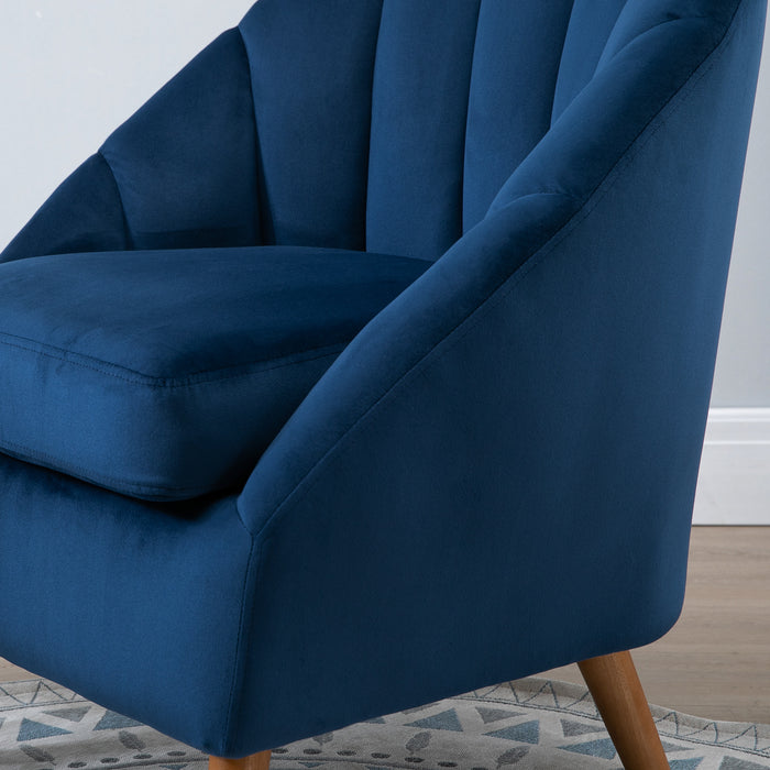 Velvet Fabric Accent Chair - Single Sofa Armchair with Solid Wood Legs for Home Living Room - Upholstered Side Chair in Elegant Blue