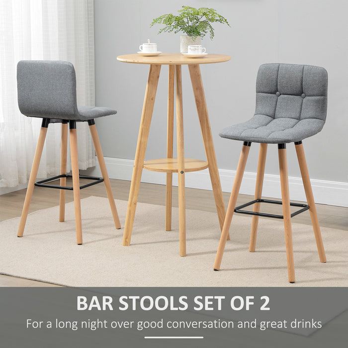 Button-Tufted Armless Bar Stools, Set of 2 - Counter Height Chairs with Wood Legs & Footrest in Grey - Comfort Seating for Kitchen Island or Home Bar