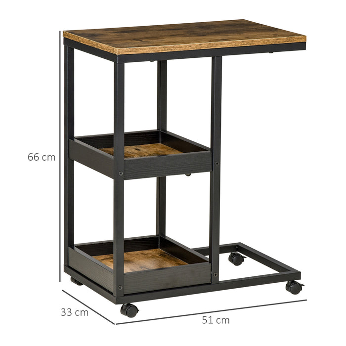 C-Shaped Sofa Side Table with Rolling Casters - 3-Tier Storage Shelving, Lockable Wheels, Sturdy Steel Frame in Brown - Ideal for Living Room Convenience and Organization