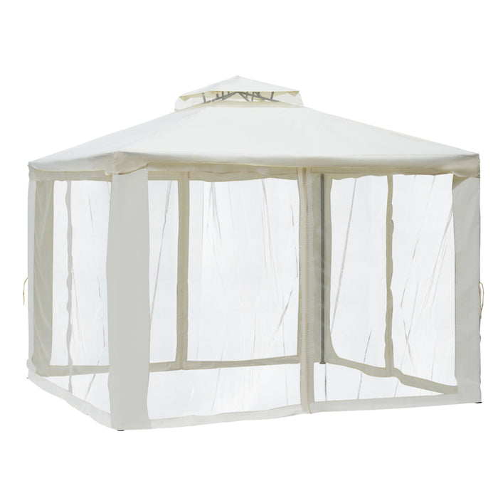 3x3m Metal Gazebo with 2-Tier Roof - Garden Outdoor Marquee, Party Tent Canopy, Patio Shelter with Netting - Ideal for Entertaining and Relaxing in Cream White