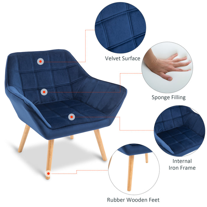 Wide-Armed Accent Armchair with Slanted Back - Padded Lounge Seat on Iron Frame with Wooden Legs - Comfy Bedroom or Living Room Seating in Blue