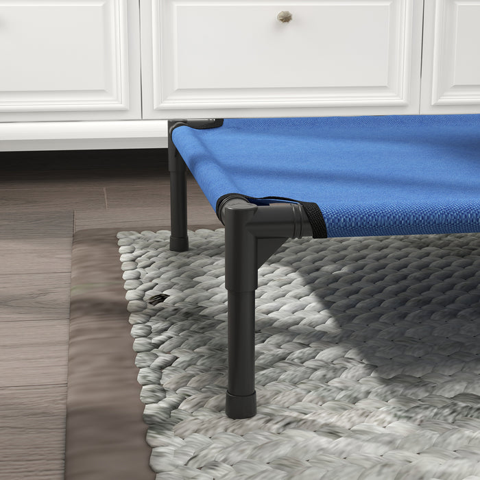 Elevated Portable Pet Cot - Medium-Sized Raised Dog Bed with Sturdy Metal Frame, Blue - Ideal for Camping and Outdoor Comfort