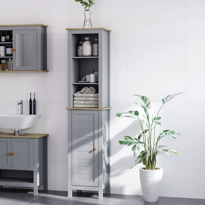 Tall Grey Bathroom Storage Cabinet - 3-Tier Shelving & Enclosed Cupboard Space - Free Standing Linen Tower for Space Optimization