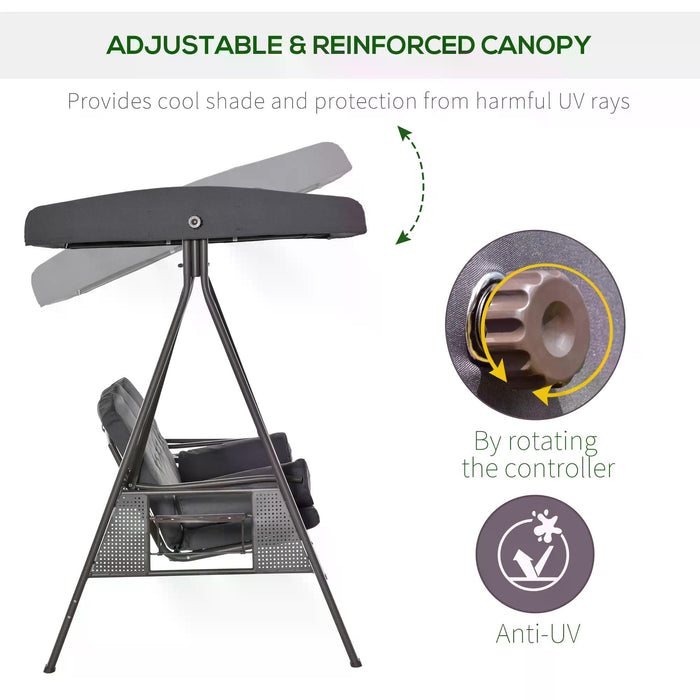 3-Seater Garden Swing Chair - Adjustable Canopy Outdoor Hammock Bench with Cushions & Cup Trays, Steel Frame in Dark Grey - Perfect for Patio Relaxation and Entertainment