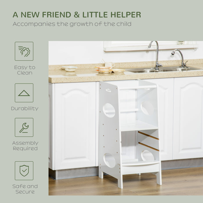 Adjustable Kids Step Stool - Toddler Kitchen Helper Tower with Standing Platform - Safe Cooking Access for Children Counter Height White