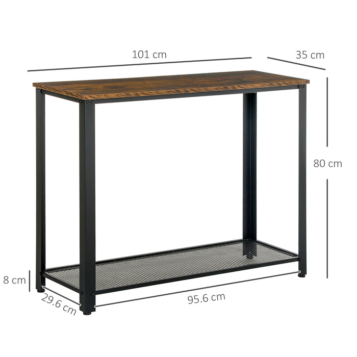 2-Tier Console Table with Mesh Shelf - Rectangular Side/End Table, Adjustable Feet, Brown & Black - Ideal for Living Room, Entryway, Hallway Storage & Display