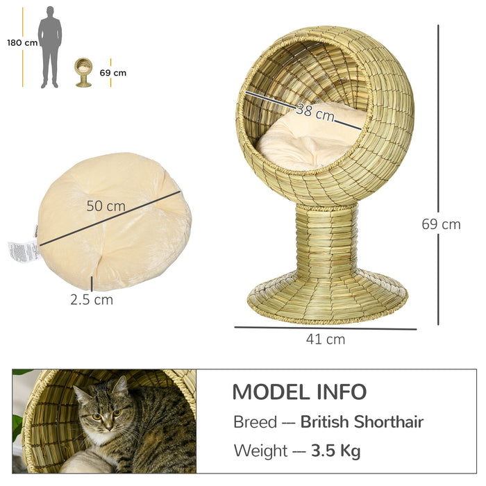 Natural Mat Grass Cat House with Cushion - Round Detachable Top Kitten Cave, Elevated Stand Design, Yellow - Ideal Cozy Retreat for Cats & Small Pets, Φ41 x 71.5 cm