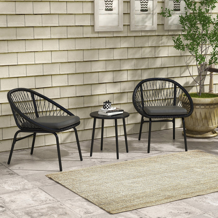3 Piece PE Rattan Garden Bistro Set - Includes Round Metal Coffee Table and 2 Cushioned Armchairs - Ideal for Patio, Balcony & Outdoor Relaxation