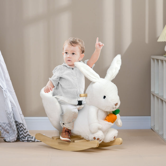 Plush Rabbit-Shaped Rocking Horse with Safety Harness - Interactive White Rocker with Realistic Sounds and Foot Pedals - Ideal for Toddlers 18-36 Months