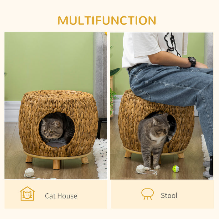 Rattan Kitten Bed Stool - Wicker Cat Cave with Soft Washable Cushion for Cozy Naps - Perfect for Outdoor & Indoor Pet Relaxation, 44x43x41cm