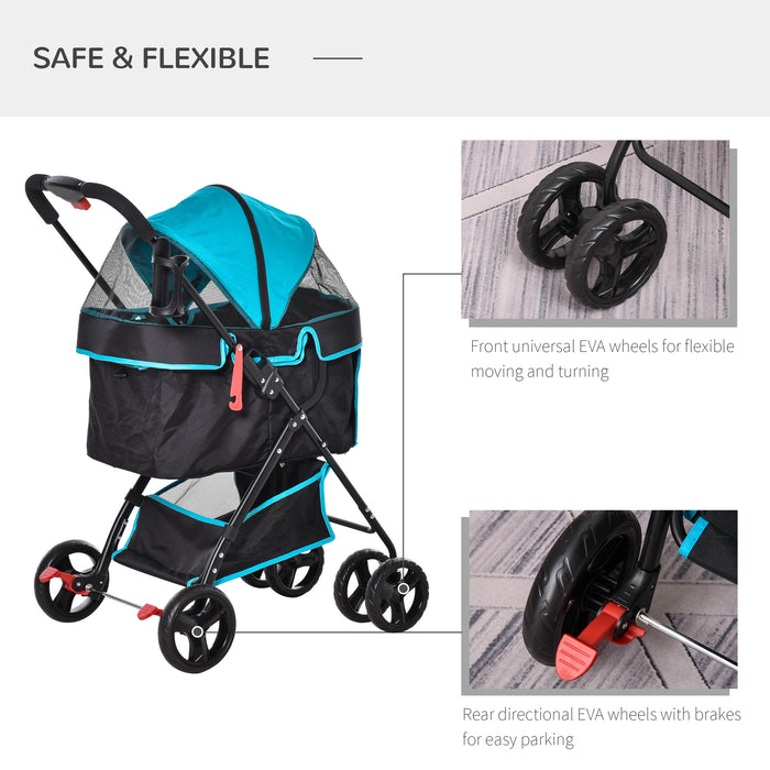 Pet Travel Stroller with One-Click Folding - EVA Wheel Pushchair with Brake, Removable Basket & Bottle Holder - Adjustable Canopy and Safety Leash for Dogs and Cats