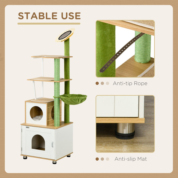 Cat Tree Litter Box Combo - Indoor Cat Enclosure with Scratching Post, Condo, Hammock & Cushioned Platforms - Ideal for Cat Relaxation and Play in Oak Finish