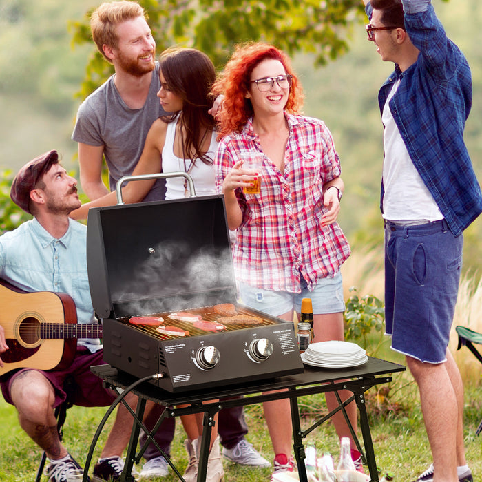 Portable 2-Burner Gas Grill with Folding Legs - Outdoor Tabletop BBQ, Built-in Thermometer, Durable Carbon Steel Construction - Perfect for Patio, Camping & Tailgating