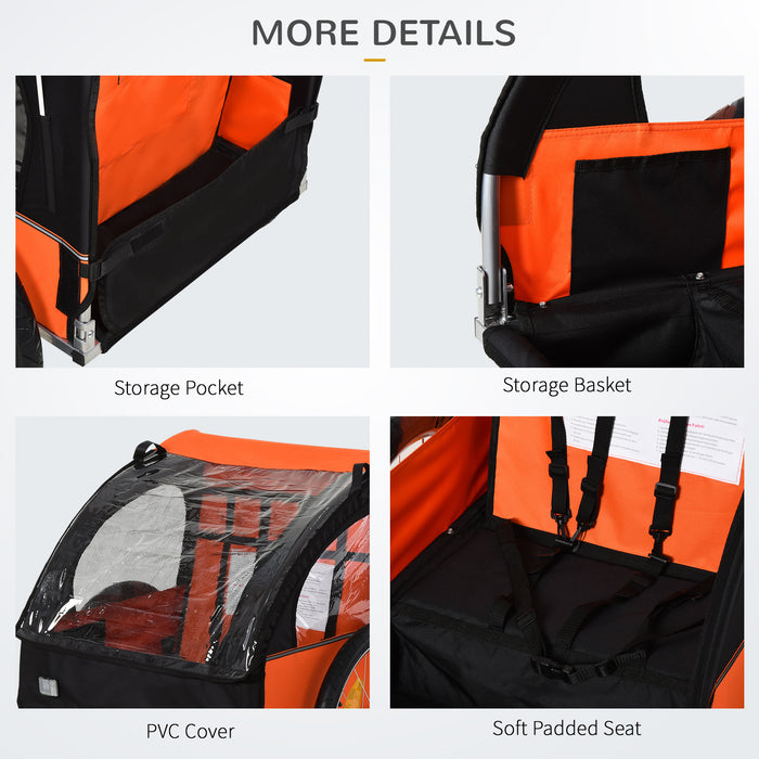 2-Seat Bicycle Child Trailer & Jogger - Steel Frame with Safety Harness and Seat Carrier in Orange and Black, 130x76x88cm - Perfect for Active Parents with Kids